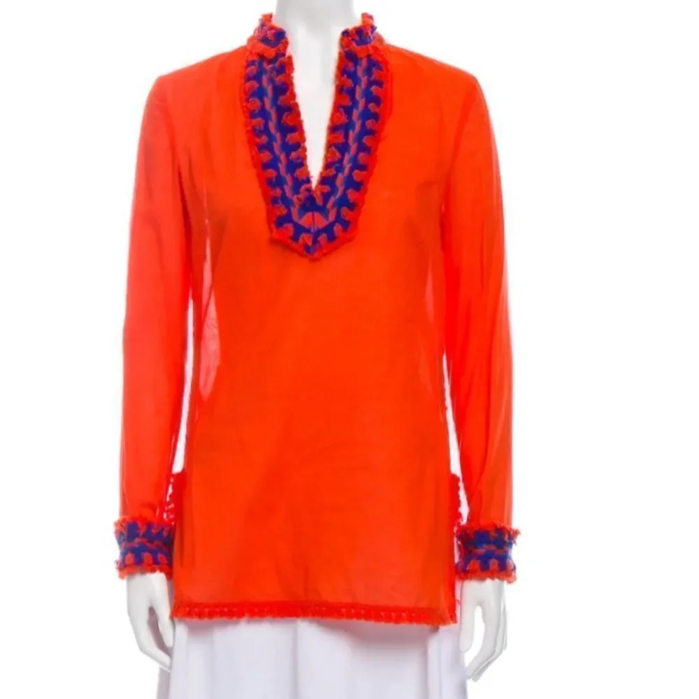 Samba Fringe-trim Cotton Tunic Top, Orange